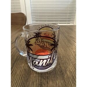 Manila Souvenir Mug Clear Glass Handle Cup Sun And Palm Trees Very Nice Vintage